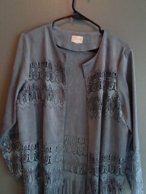 Chicos Grey Faux Suede Lace Crochet Fringe Open Front Longline Jacket Coat‎